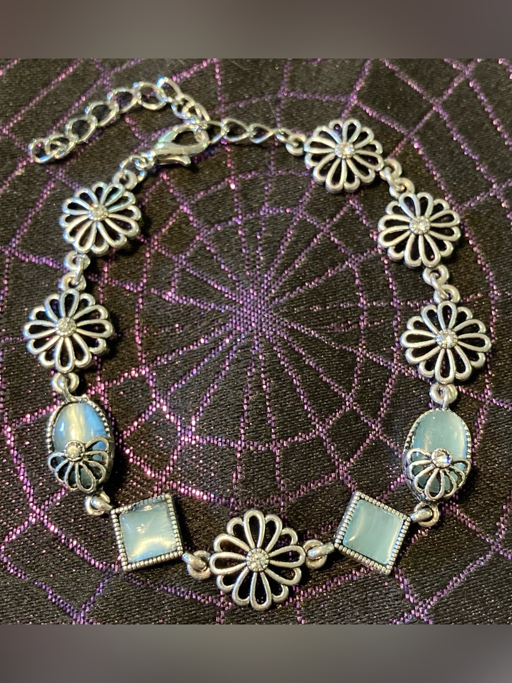 Blue Floral Silver Tone Bracelet